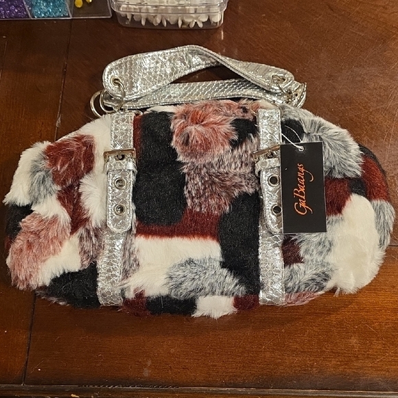 (J8) Black and White Mini Bag with Patch Fur Design - Picture 1 of 7